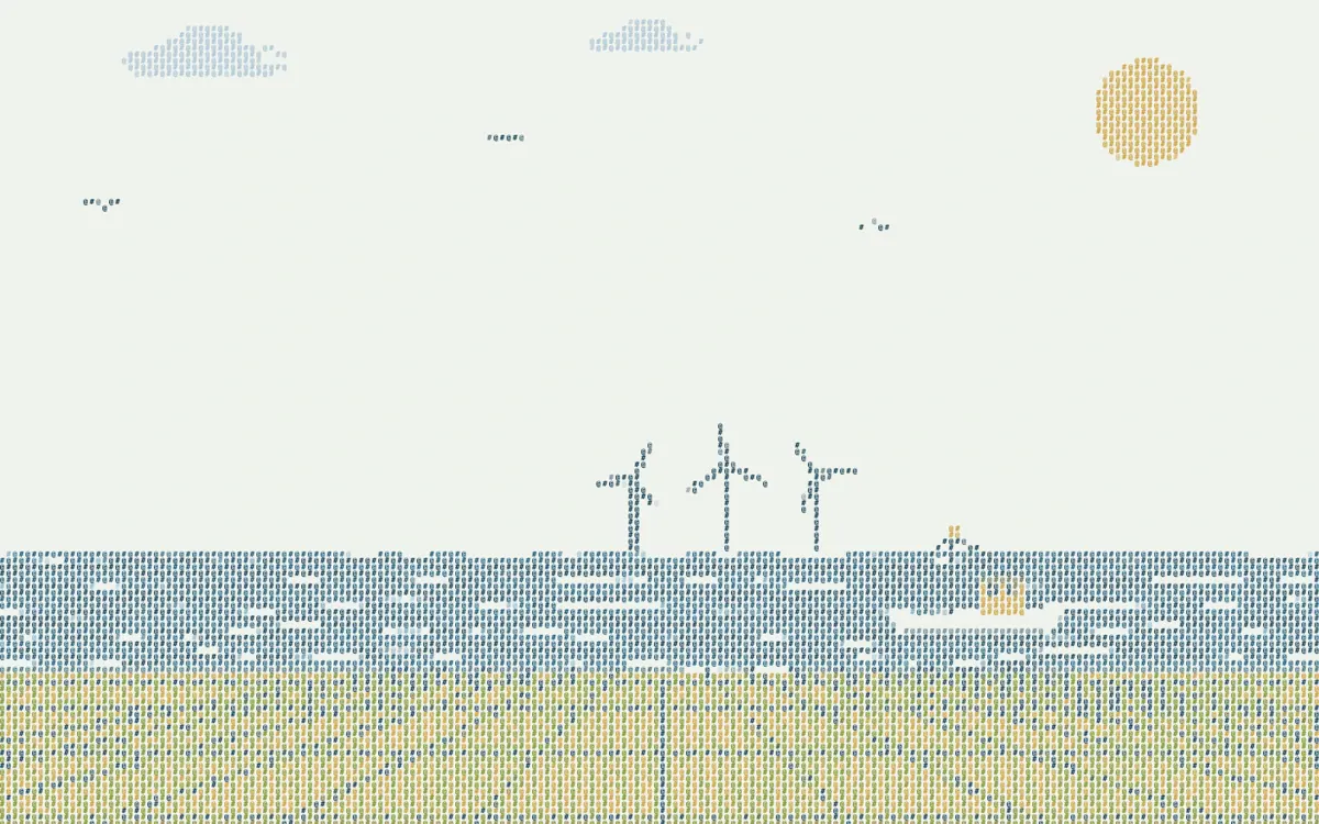 ASCII 天空、風車、海洋與稻田
